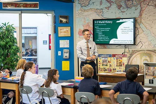 Teacher of history in front of classroom