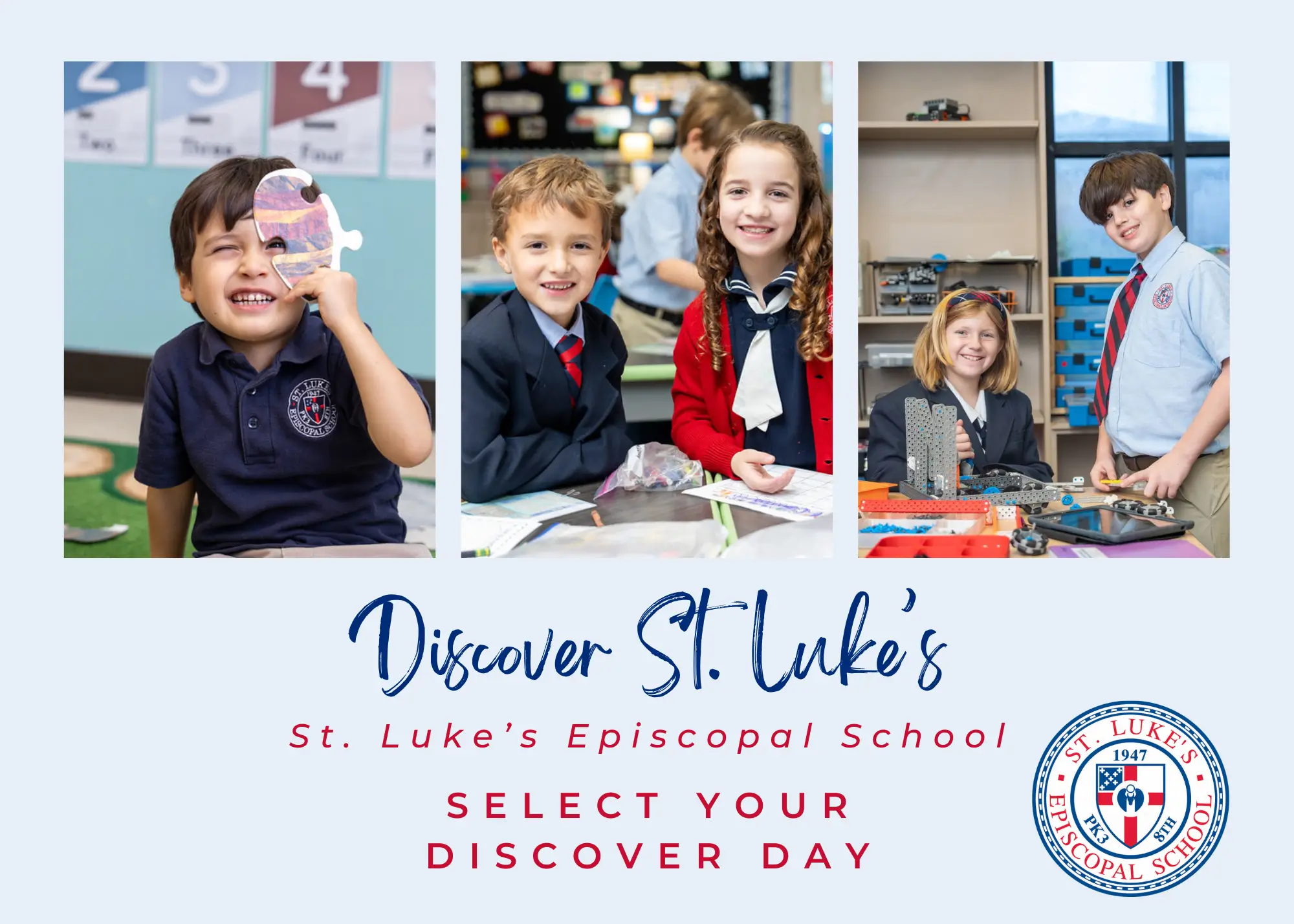 SLES-Landing (1) advertisement for St. Lukes school with photos of students and words Select your Discover Day